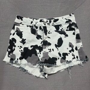 Altard State Cow Print Denim Shorts Women XS Black White Grey Frayed Hem Raw